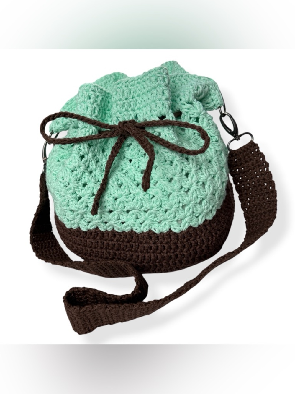 Handmade Crochet Drawstring Bucket Bag Purse‎ Shoulder Bag Seafoam Brown